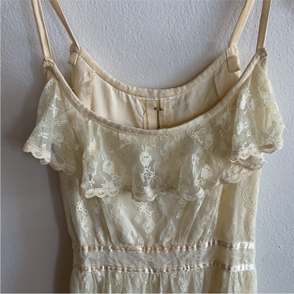 Vintage 1930s Gown Floral Lace Satin Silk Maxi Dress Ruffled Butter Yellow Cream - Picture 6 of 12